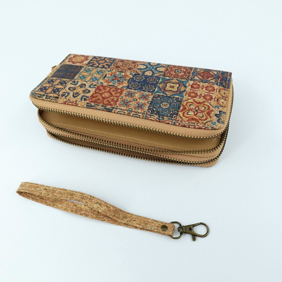 Cork Wristlet Wallet Medium Moroccan Print Vegan Purse Boho Chic - Picture 5 of 9